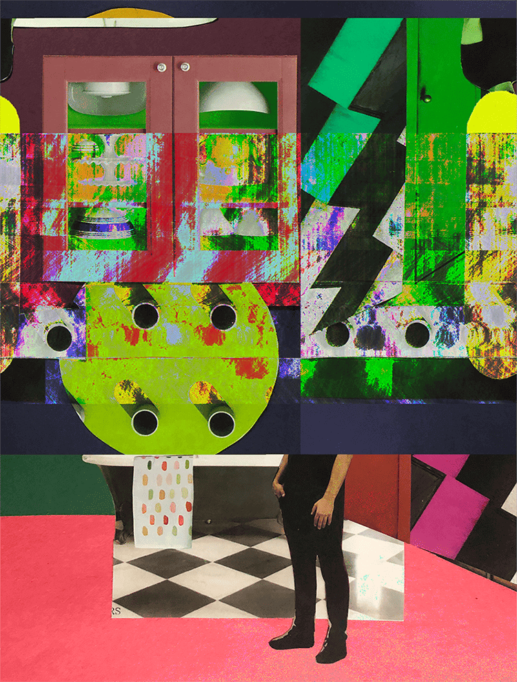 Glitch Art from Paper Collage, 2020. The artwork is a paper cutout and composed into
    a digital collage. Then Audacity is used to glitch the collage to create chaotic
    ​distortion and decomposition of the paper cutouts' original patterns and forms.