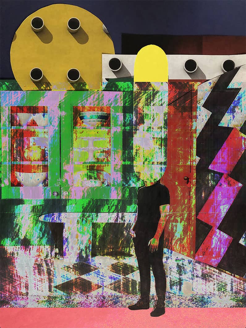 Glitch Art from Paper Collage, 2020. The artwork is a paper cutout and composed into
    a digital collage. Then Audacity is used to glitch the collage to create chaotic
    ​distortion and decomposition of the paper cutouts' original patterns and forms.