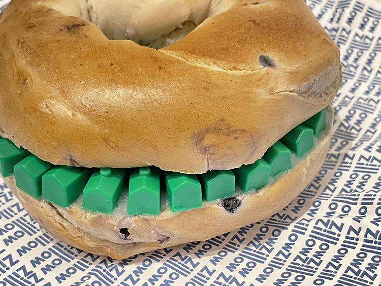 Heavy Meal is a 3D Sculpture created in 2022 using a real bagel and monopoly houses